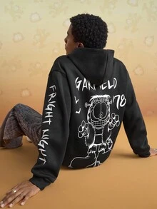 GARFIELD | SHEIN Sudadera con capucha casual de hombre con estampado de letra y gato, otoño - Negro - Ver 3