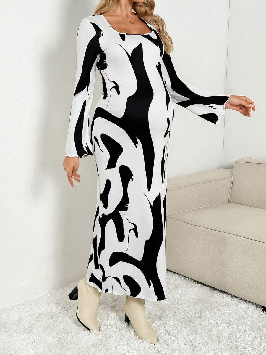 SHEIN 孕妇时尚通勤拼色印花连衣裙 - 黑與白 - 查看 1