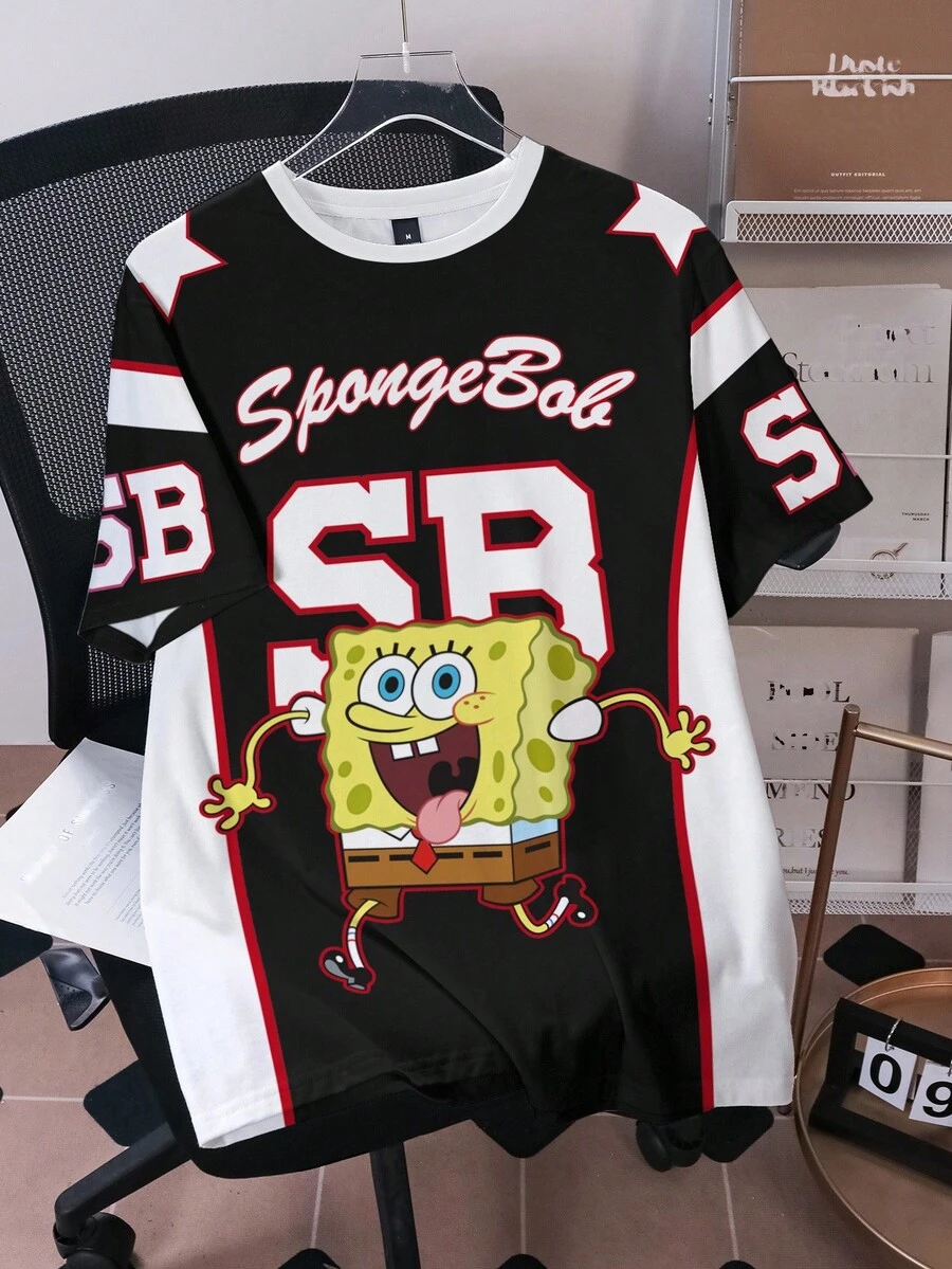 SpongeBob SquarePants | SHEIN Men's Colorblock Letter & Cartoon Graphic Short Sleeve T-Shirt, Summer - White - View 1