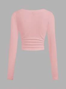 SHEIN EZwear 女款冬季黑白粉百搭色針織抓絨內裡V領收腰修身長袖打底衫休閒百搭T恤上衣 - 彩色 - 查看 4