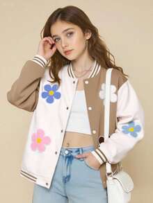 Girls' Casual Colorful 3D Floral Contrast Color Baseball Jacket, Spring/Autumn - Khaki - View 4