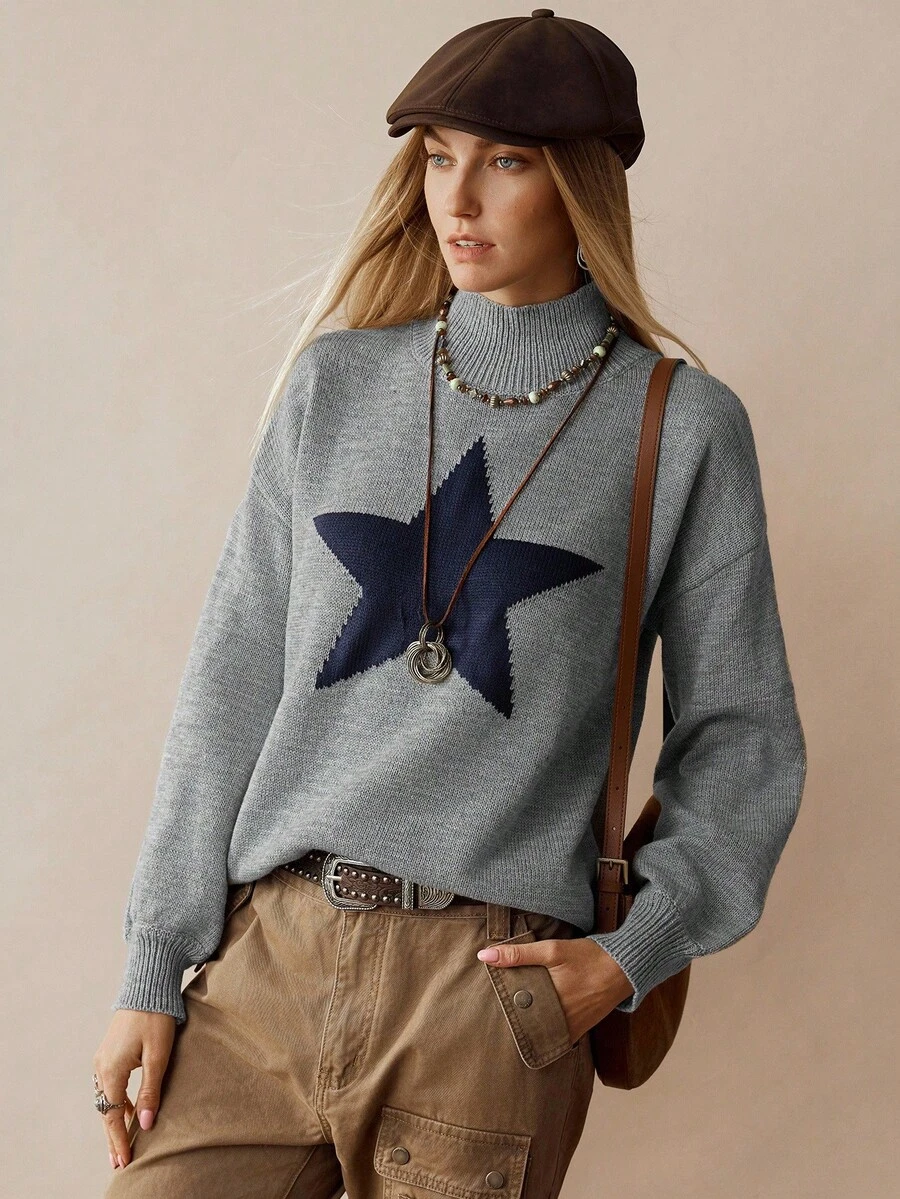 Florisole Jersey de cuello alto con estampado de estrella bohemio - Gris - Ver 1