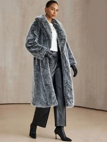 Aveloria Modichic Abrigo largo elegante de piel sintética de dos tonos con cuello vuelto y degradado ombre, chaqueta de piel sintética de zorro suave y de alta gama - Gris Oscuro - Ver 4