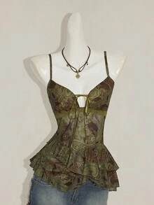 SHEIN ICON Women's Sexy Millennial Style Y2K Young Fashion Bohemian Style Green Paisley Pattern Print Bow Tie V-Neck Asymmetrical Ruffle Hem Slim Fit Top