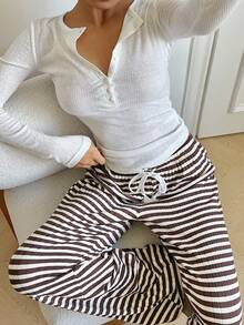 Aloruh Casual Minimalist Knitted Striped Straight-Leg Pants For Women, Suitable For Home, Daily Outings, Autumn/Winter
