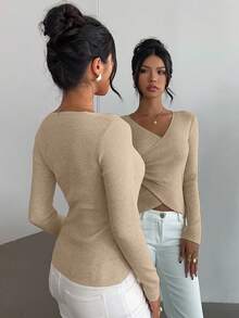 Elenzga 女士优雅合身交叉裹身元素简约经典罗纹纹理纯色毛衣 - 卡其色 - 查看 2