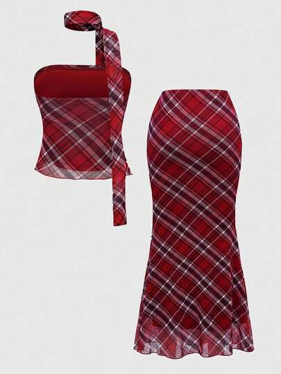 Grunge Punk 2 pièces Ensemble top tube vintage plaid Y2K et jupe fishtail taille basse plaid