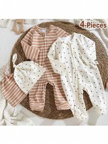 Loomiva 4pcs/Set Newborn Baby Boy Colorful Striped Star Pattern Soft Knit Long Sleeve Romper, Pants And Hat - Khaki - View 1