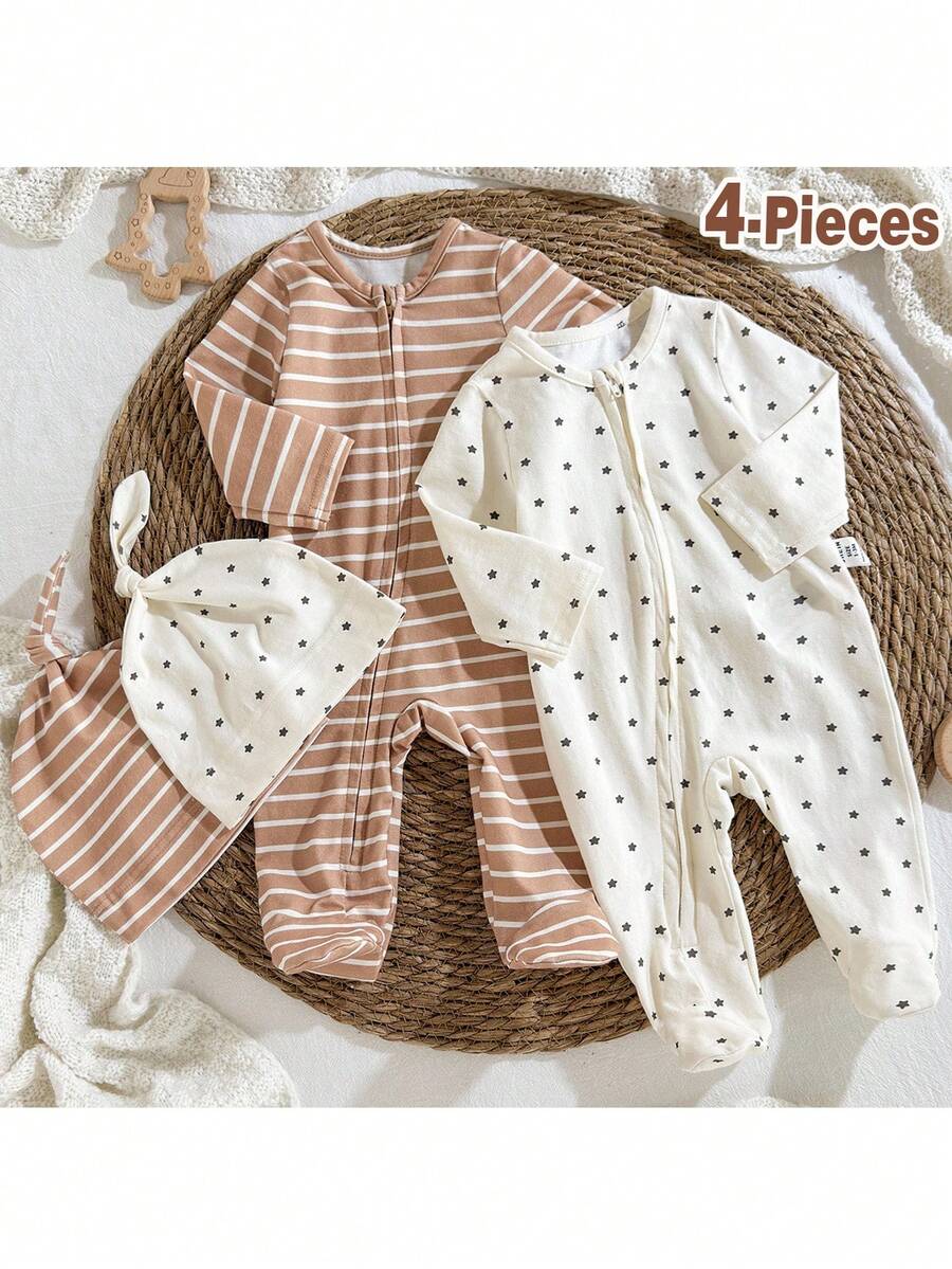 Loomiva 4pcs/Set Newborn Baby Boy Colorful Striped Star Pattern Soft Knit Long Sleeve Romper, Pants And Hat - Khaki - View 1