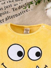 SHEIN 男婴/中性浅蓝绿色毛绒面料可爱怪物卡通搞笑笑脸刺绣长袖连体衣，适合秋冬季节，非常适合宝宝在寒冷天气户外穿着或日常休闲玩耍和装扮，可爱又舒适 - 黃色 - 查看 7