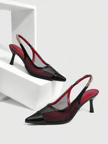 CUCCOO SZL Sepatu Hak Tinggi Wanita Ujung Lancip, Dekorasi Rantai Logam, Bagian Atas Jala, Lapisan Merah Seksi, Desain Tanpa Punggung Elegan, Sandal Hak Asimetris - Hitam - View 2