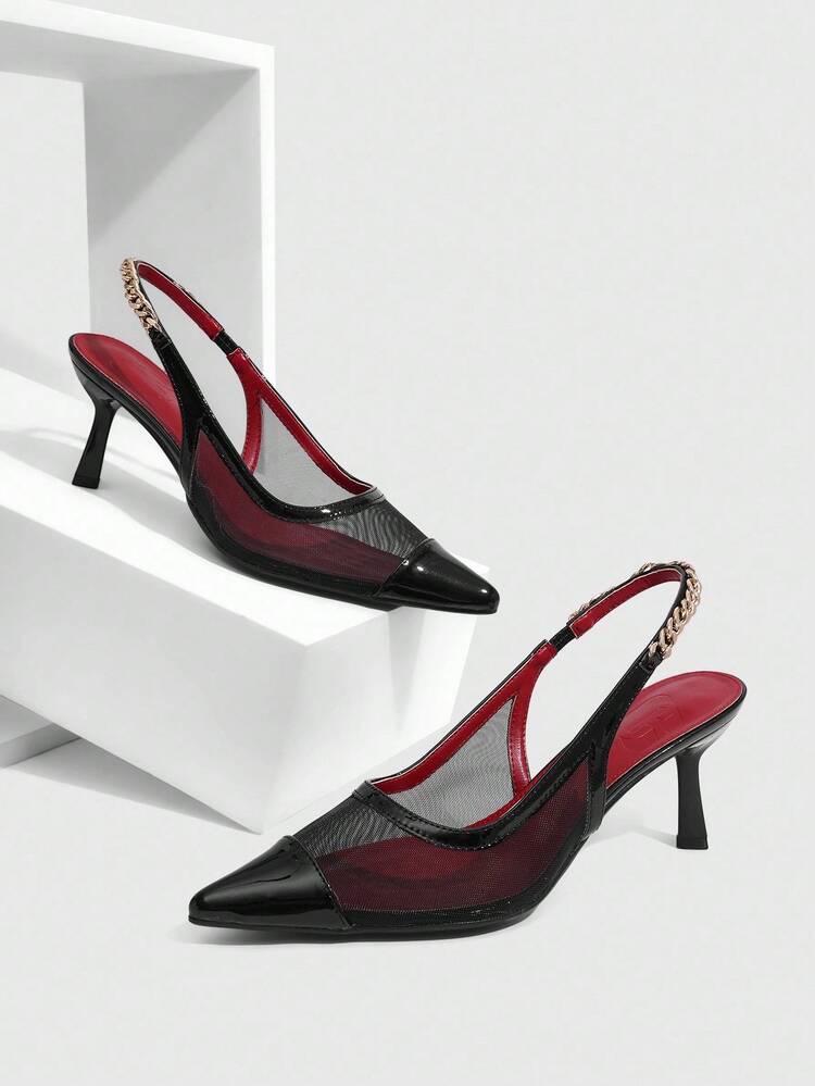 CUCCOO SZL Women's Pointed Toe High Heel Shoes, Metal Chain Decor, Mesh Upper, Sexy Red Lining, Elegant Backless Design, Asymmetric Heel Sandals
