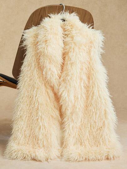 Easelle 秋冬女士米色毛绒无袖宽松夹克