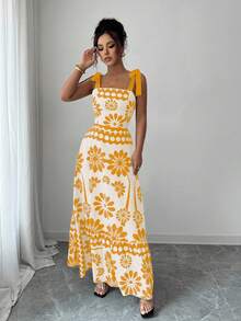 SHEIN PETITE Váy dây mảnh in họa tiết hở lưng phong cách Bohemian thường ngày dành cho nữ - Màu vàng - Xem 4