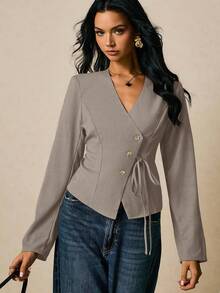 Poéselle Women's Fashionable Versatile Solid Color Lace-Up Shirt For Commuting - Dark Grey - View 2