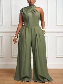 Veslaya 2025秋冬新款休闲度假日常约会通勤优雅沙滩邮轮派对简约网红爆款高领无袖一字肩宽松连体裤阔腿裤 - 綠色 - 查看 11