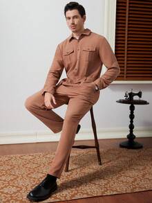 Core Aspect Men's Casual Fashion Street Snap Solid Color Flap Pocket Jumpsuit,A Versatile And Essential Item For Daily Commuting And Travel, For Autumn And Winter Outings