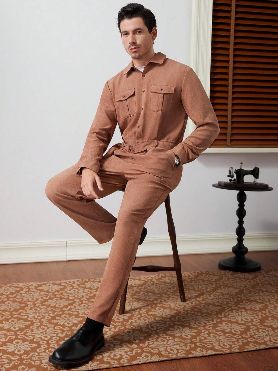 Core Aspect Men's Casual Fashion Street Snap Solid Color Flap Pocket Jumpsuit,A Versatile And Essential Item For Daily Commuting And Travel, For Autumn And Winter Outings