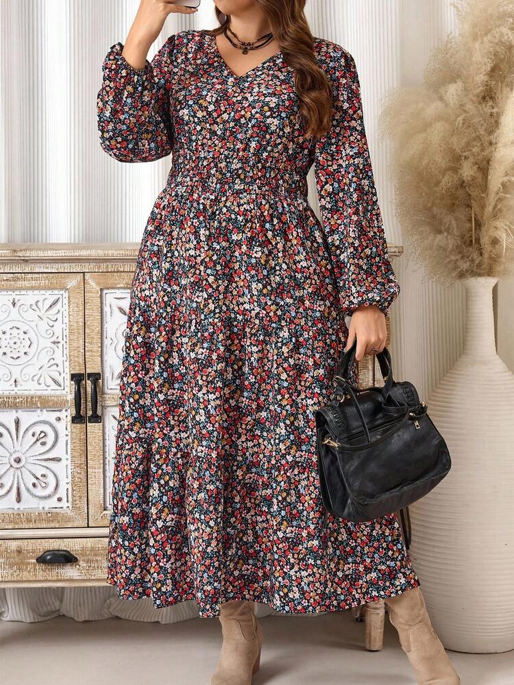 Plus Size Women's Fall V-Neck Floral Print Long Sleeve Cinched Waist Maxi Dress, Autumn/Winter,Going Out Outfits,2025 New Clothes,Dresses Casual,Flowy Dress,Simple And Fashionable For Everyday Wear,Flowy Dress