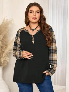 EMERY ROSE Plus Size Casual Plaid Patchwork Shirt, Autumn New Year Look Check Shirt Maija Fall Winter 2025 Fall/Winter Elegant Dress Women - Multicolor - View 4