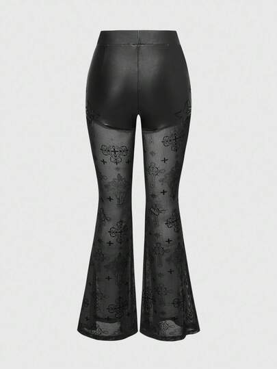 Goth Pantalones de mujer con parches de tela con efecto flocked en estilo gótico con cruz