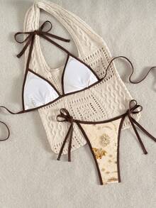 Bonvoyette Summer New Champagne Solid Color High-End Embroidered Sequin Shiny Viral Party Afternoon Tea Gathering Supportive High Cut Side Tie Bikini Two Pieces Swimsuit For Women Boho Bathing Suit Boho Bikini Bathing Suits For Women Boho Crochet Bathing Suit Crochet Bikini Boho Bikini Set Women Two Piece Sets Swimsuit Vacation Bikini Set Boho Swimsuit Triangle Bikini Set - Multicolor - View 4