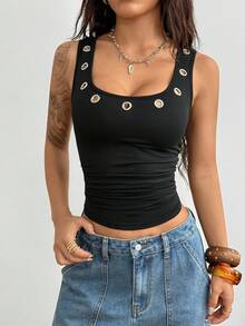 StreetHx Streetwear Women's Punk Metal Style Black Sleeveless Grommet Decor Casual Tank Top - Black - View 6