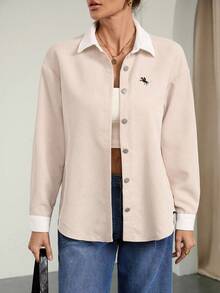 SHEIN Tall Women's Fall Drop Shoulder Single-Breasted Corduroy Embroidered Jacket - Apricot - View 10