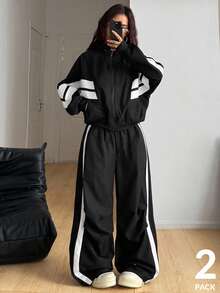 Coolane 女士秋冬街头服饰外出休闲基本款褶皱纹理拼色黑白外套和直筒裤套装