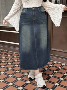 Rivivi Spring Plus Size Women Blue Denim Tight-Fitting Skirt, Non-Stretchy, Cowgirl Style Spring