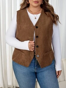 SHEIN CURVE+ Plus Size Women Solid Color Single-Breasted Casual Corduroy Vest Jacket, Autumn/ Winter - Brown - View 3