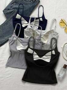 Attitoon 4pcs/Set Multicolor Cropped Tight Fit Sports Bra Camisole Top With Back Detail, Suitable For Activewear And Casual Layering, Summer