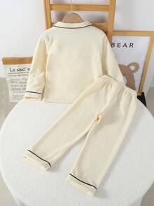 Bộ 2 quần dài tay cổ cardigan cho bé gái, đồ mặc nhà bằng vải nỉ thêu họa tiết gấu bông màu mơ - Màu be - Xem 2