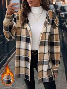 SHEIN Clasi Women's Elegant Plaid Print Flannel Hooded Long Sleeve Jacket Autumn Winter Clothes For Women