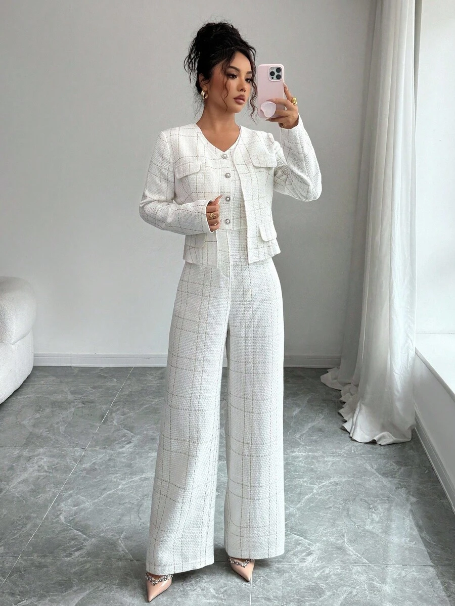 Selianne 女士优雅套装：白色无袖收腰连体裤和厚羊毛短款夹克，秋冬两件套 - 白色 - 查看 1