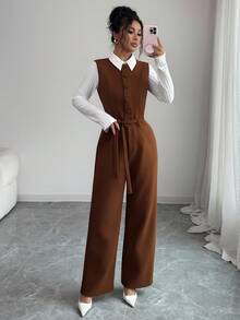 SHEIN Elenzya 女士优雅精致白色修身衬衫和棕色无袖束腰连体裤两件套，秋冬 - 卡其色 - 查看 1