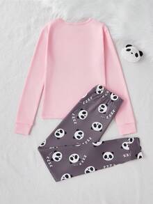 Girls Cute Panda Element Pattern, Pink Round Neck Tight Top Paired With Gray Cute Panda Head Print Tight Pants Homewear Set, Daily Casual Wear, Fashionable Minimalist Outfit - Pink - View 2