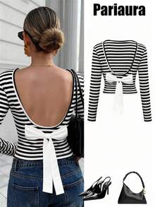 Chiquease Sexy Backless Striped Long Sleeve T-Shirt For Women, With 3D Floral Decor, Slim Fit, Personalized Chic Top, Layering Undershirt Fall Cloth For Women - Black - View 1