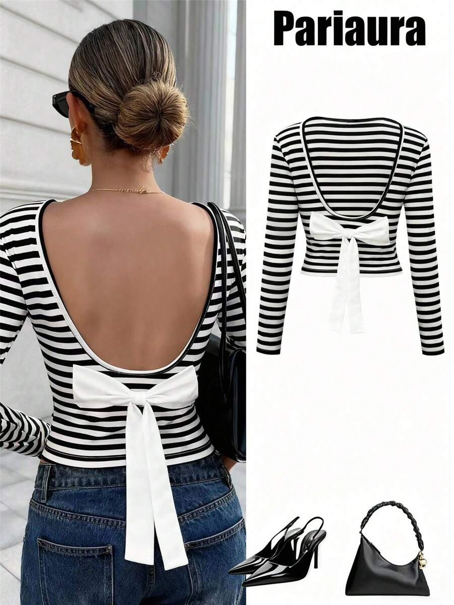 Chiquease Sexy Backless Striped Long Sleeve T-Shirt For Women, With 3D Floral Decor, Slim Fit, Personalized Chic Top, Layering Undershirt Fall Cloth For Women - Black - View 1