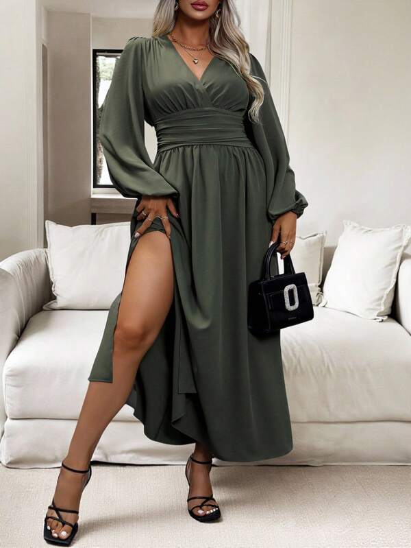 Vionelle Plus Lantern Sleeve Ruched Waist Split Thigh Dress Maxi Women Outfit