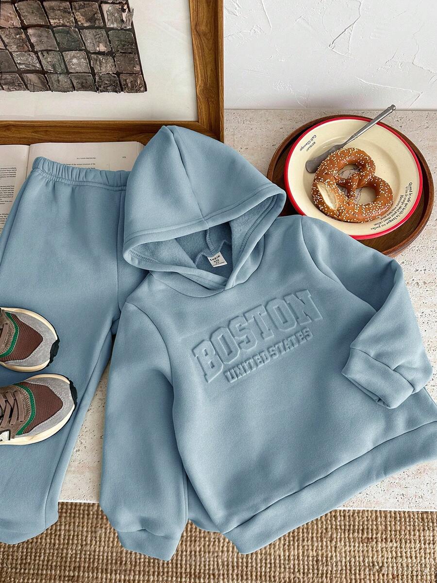 2pcs/Set Young Boy Casual Korean Style Loose Fit Letter Graphic Hoodie Sweatshirt And Elastic Waist Pants Set, Suitable For Autumn, Spring, Outdoor Play, School, Street Style, Party And Leisure,Thanksgiving,Christmas,Winter,Winter Clothes,Cozy Fall & Winter Styles,Hoodie - Baby Blue - View 1