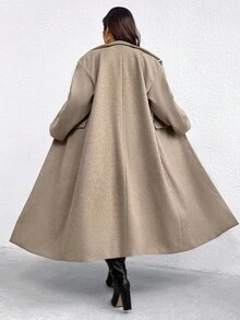 Juhart Áo khoác dài có túi ve lạc đà cỡ lớn dành cho nữ, mặc hàng ngày, thu/đông - Màu Khaki - Xem 2