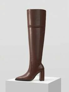 MOTF 时尚尖头粗跟过膝靴，适合约会和派对 - 棕色 - 查看 1