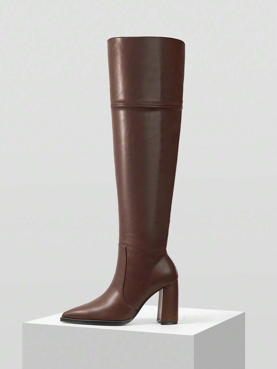 MOTF 时尚尖头粗跟过膝靴，适合约会和派对 - 棕色 - 查看 1