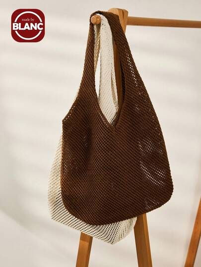 Madebyblanc 1 件镂空夏季休闲休闲风格斜挎包，带大容量网袋，镂空编织包，纯色手提包
