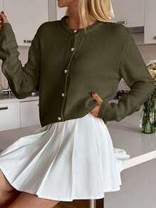 EURMUSE Women's Solid Color Minimalist Cardigan With Gold Buttons, Elegant,Long Cardigans Woman,Petite Cardigans,Cardigans - Army Green - View 4