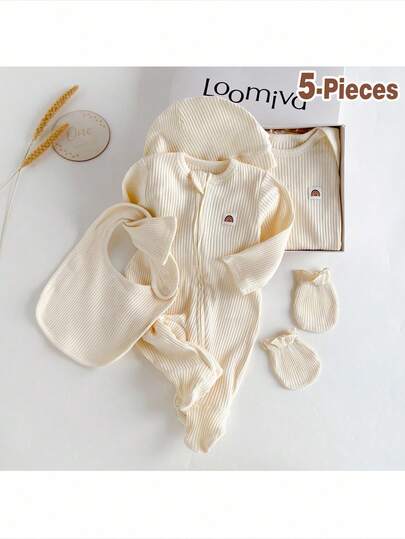 Loomiva Bộ 5 món cho bé sơ sinh: Áo liền quần dài tay bằng vải dệt kim mềm mại in họa tiết hoa, mũ, găng tay, yếm.
