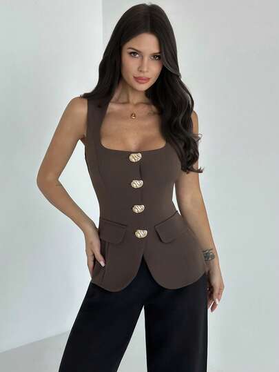 Firerie Camisa sin mangas con decoración de hebilla metálica de cuello cuadrado para mujer, Parte superior de chaleco de color café oscuro para mujer, Parte superior con decoración de hebilla metálica, Camisa de capa para otoño/invierno, Blusa de oficina elegante, Primavera/Otoño/Invierno, Elegante, Viaje, Cita, Graduación, Baile de graduación, Actuación, Concierto, Trabajo, Fiesta anual