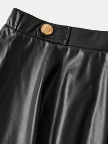 SHEIN Tween 女童大号花卉印花黑色长袖上衣搭配皮裙套装，适合儿童休闲装、返校装、开学典礼、日常装、上学装、旅行装、运动装、秋冬装 - 黑色 - 查看 5