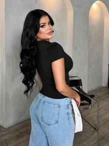 SHEIN SXY Plus Size Women's Basic Solid Casual Asymmetric Shoulder Exposed Top, Black, Versatile Summer Blouse Black Top One Sleeve Top Black Top One Shoulder Top Black One Shoulder Top Black Tops Women Women Black Top